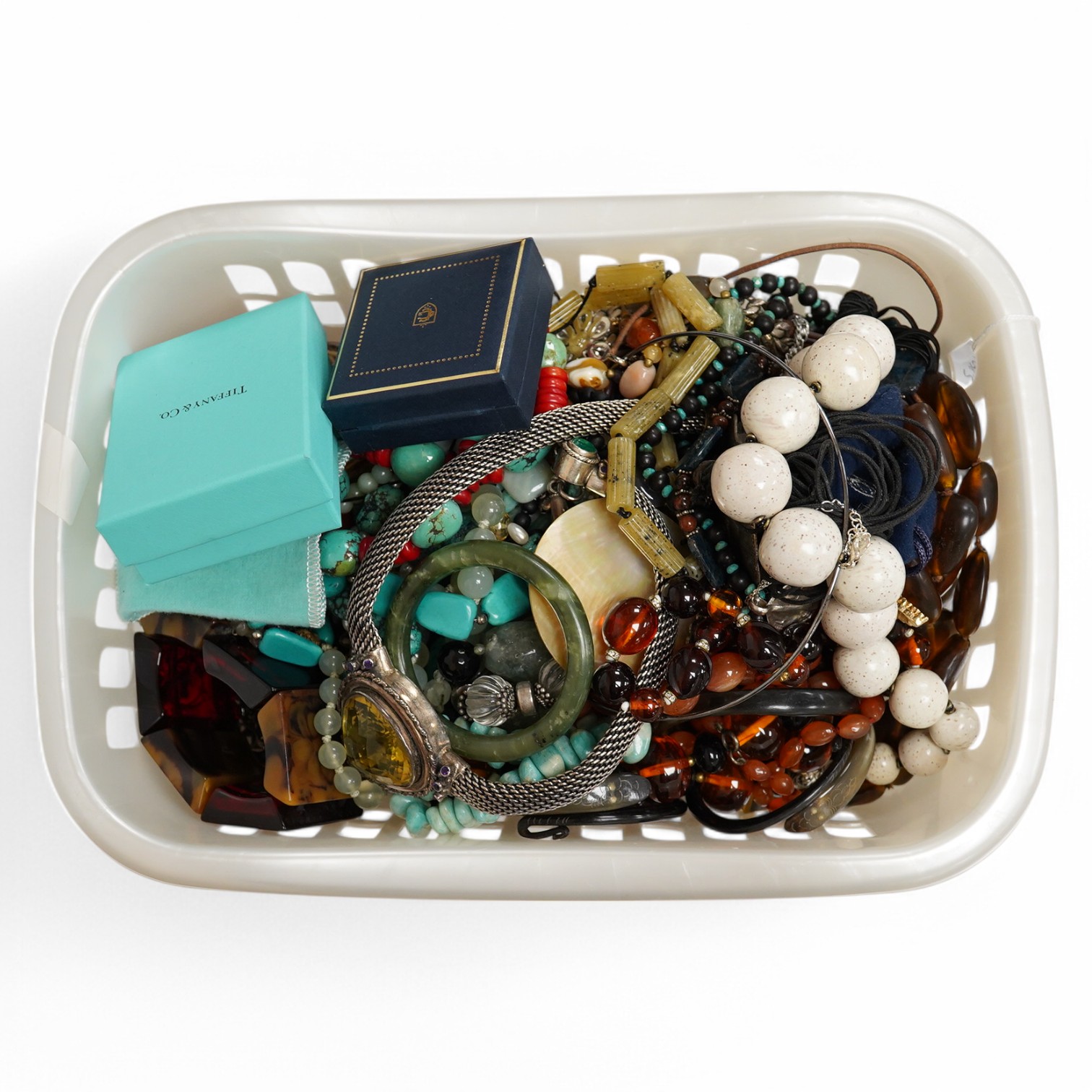 A large quantity of assorted mainly costume jewellery, including a modern Tiffany & Co silver bracelet with heart shaped tag, a pair of Paloma Picasso for Tiffany & Co sterling ear clips, a large 925 and gem set necklace